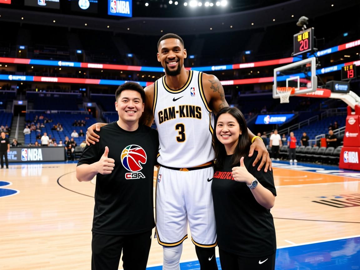 著名篮球明星与球迷合影留念